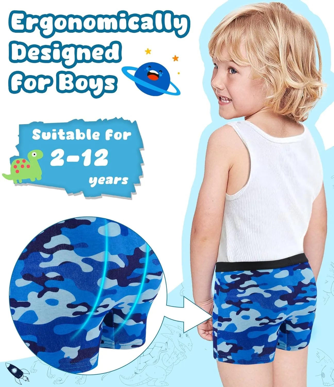 100% Cotton Boys Boxer Briefs Tagless Toddler Underwear (6-Pack)
