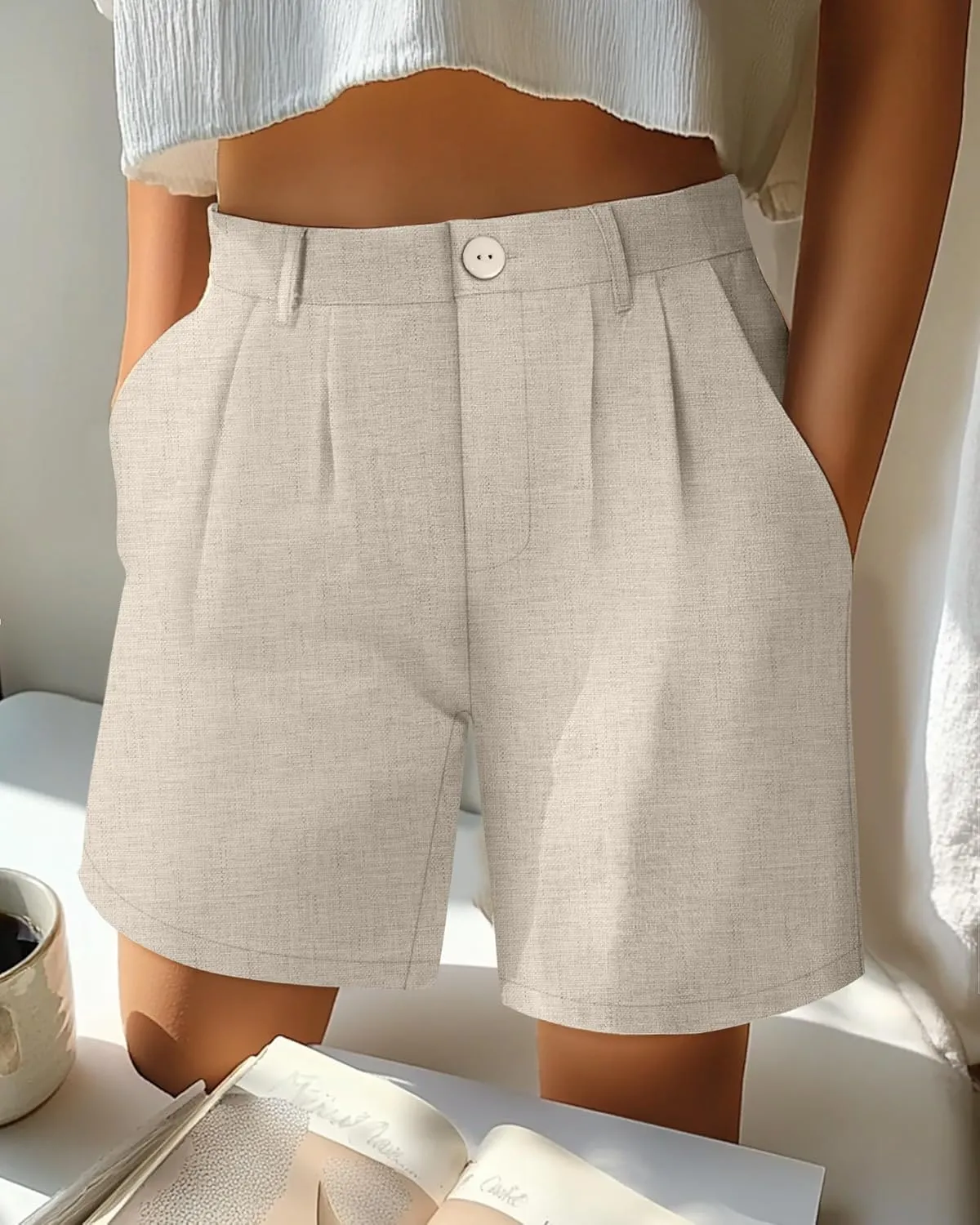 2 Pack Linen Bermuda Shorts for Women Dressy High Waisted Casual Elastic Pleated Wide Leg Summer Shorts with Pockets
