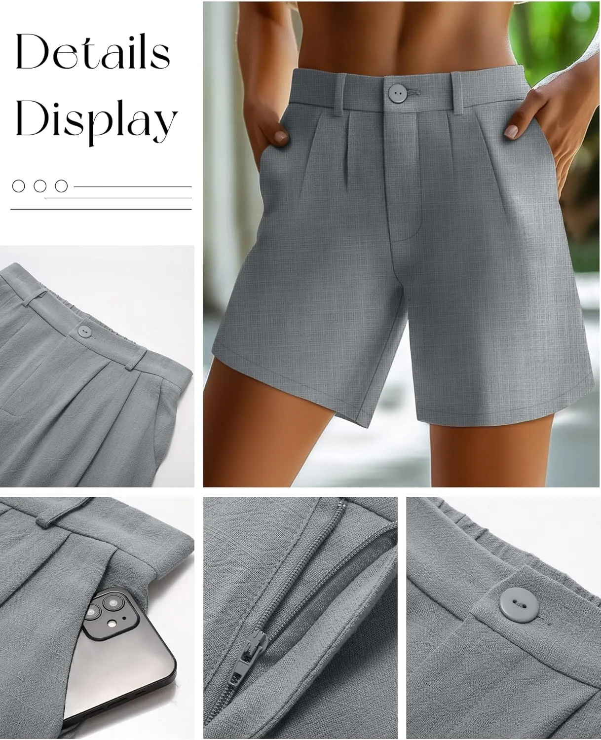 2 Pack Linen Bermuda Shorts for Women Dressy High Waisted Casual Elastic Pleated Wide Leg Summer Shorts with Pockets