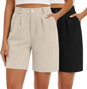 2 Pack Linen Bermuda Shorts for Women Dressy High Waisted Casual Elastic Pleated Wide Leg Summer Shorts with Pockets