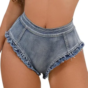 2025 Women's Ruffle Hem Denim Shorts High Waist Ripped Jean Shorts Casual Distressed Denim Shorts with Pockets