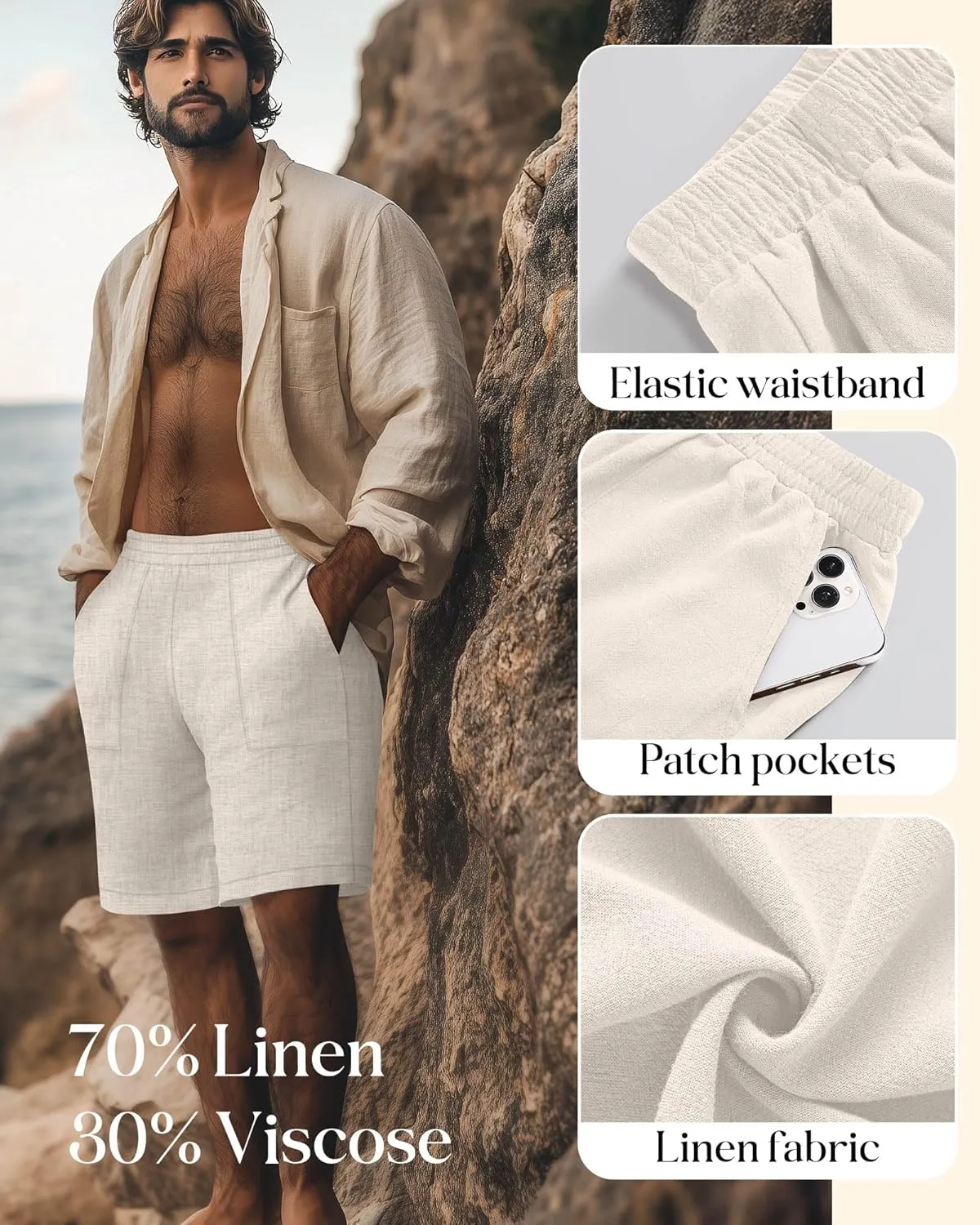 3 Pack Men's Linen Bermuda Shorts Casual Elastic Waist Shorts Summer Knee Length Beach Wear with Pocket