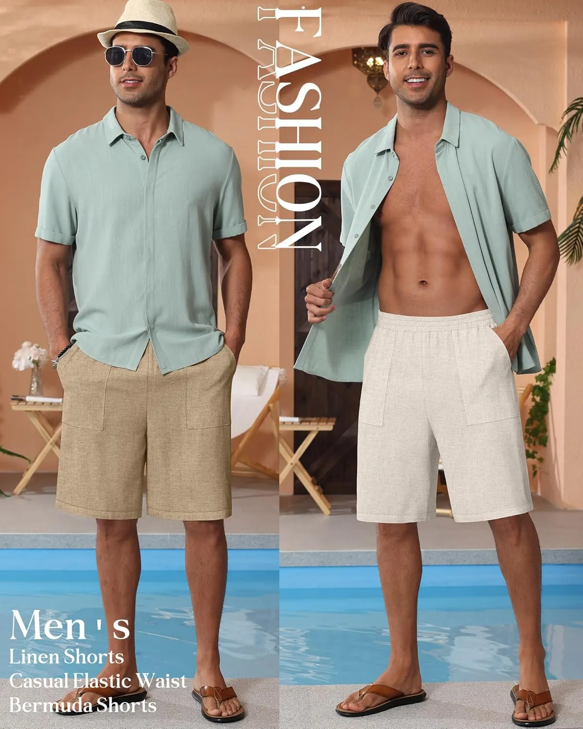 3 Pack Men's Linen Bermuda Shorts Casual Elastic Waist Shorts Summer Knee Length Beach Wear with Pocket