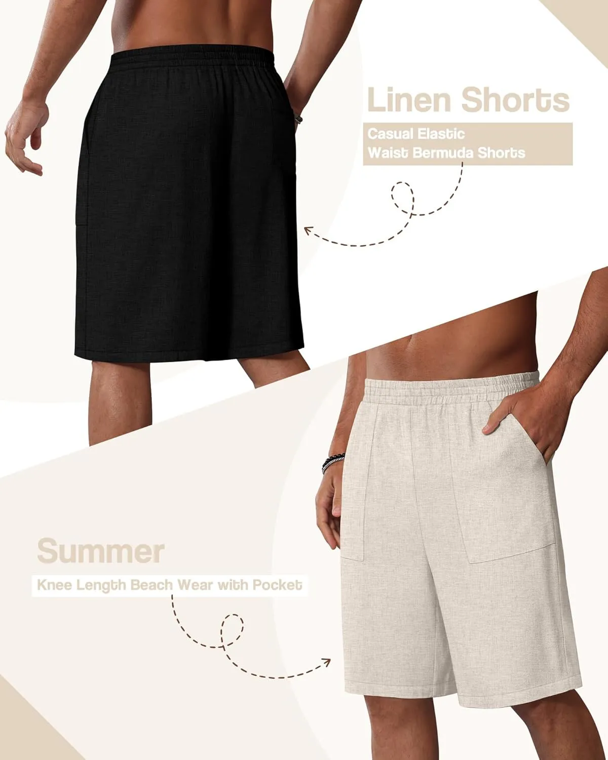 3 Pack Men's Linen Bermuda Shorts Casual Elastic Waist Shorts Summer Knee Length Beach Wear with Pocket