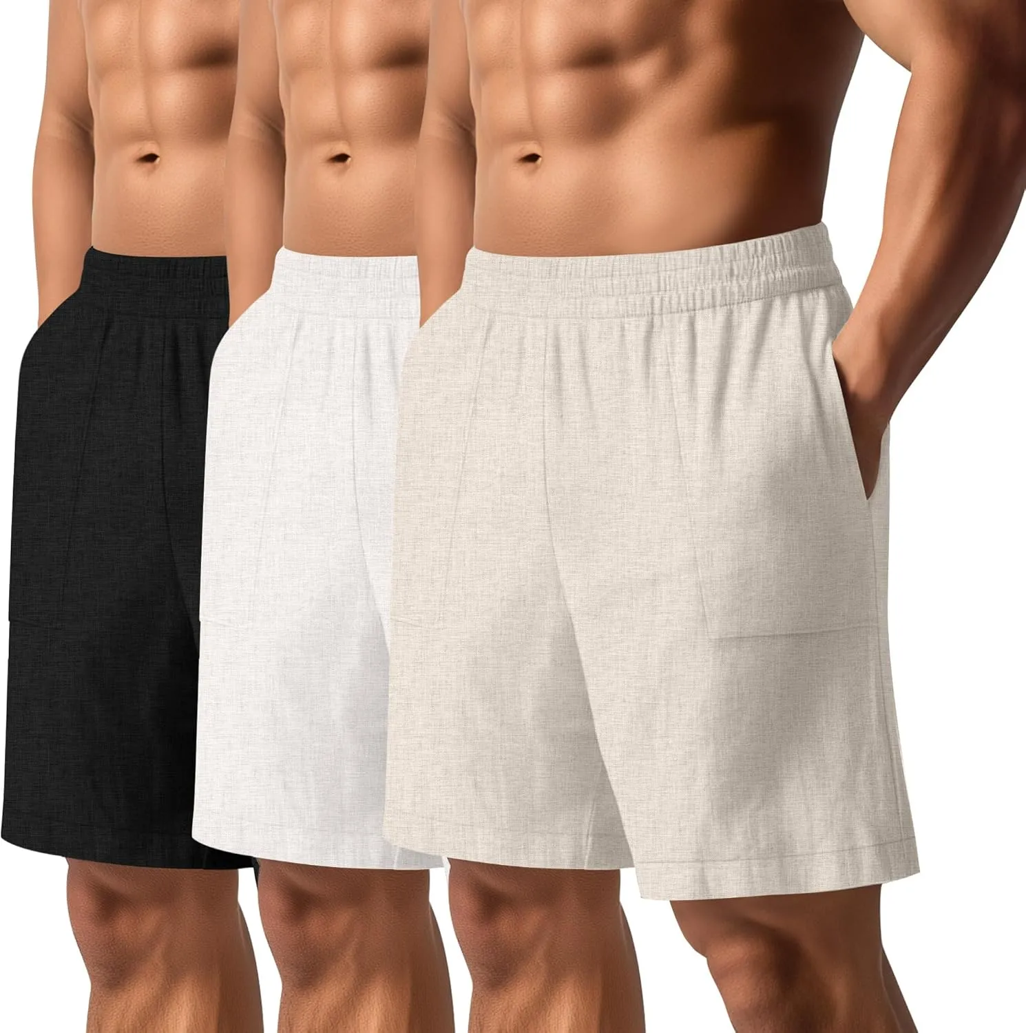 3 Pack Men's Linen Bermuda Shorts Casual Elastic Waist Shorts Summer Knee Length Beach Wear with Pocket