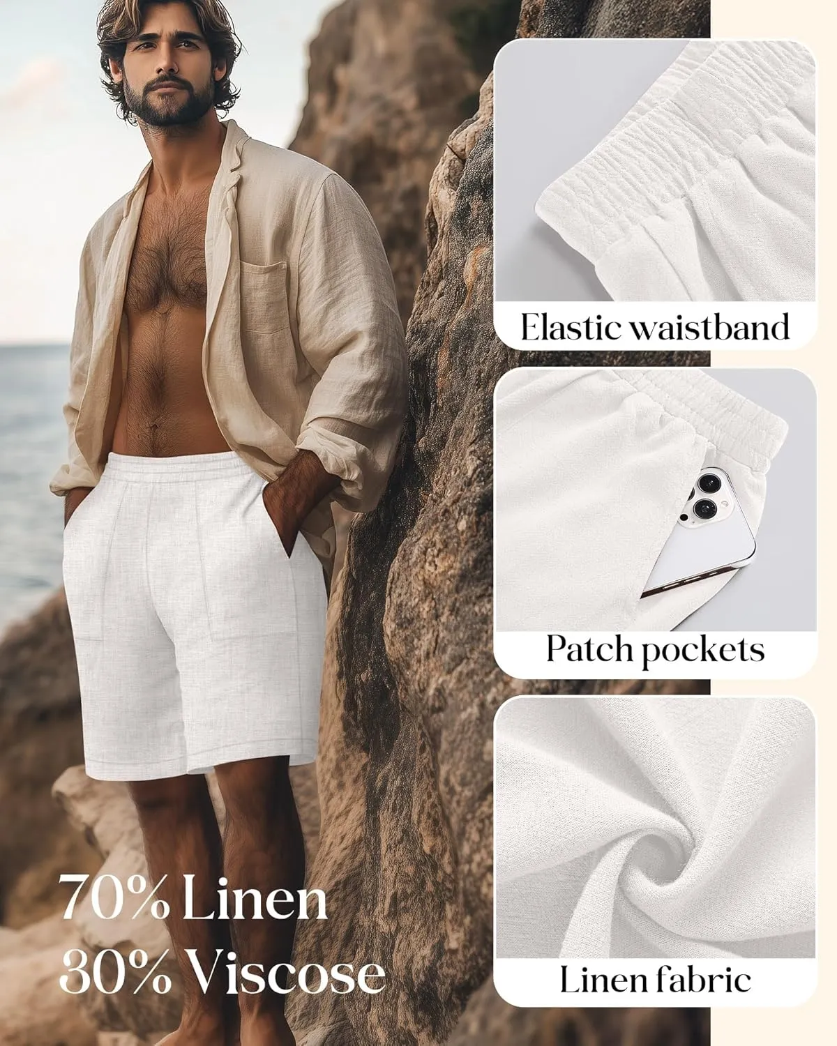 3 Pack Men's Linen Bermuda Shorts Casual Elastic Waist Shorts Summer Knee Length Beach Wear with Pocket