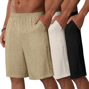3 Pack Men's Linen Bermuda Shorts Casual Elastic Waist Shorts Summer Knee Length Beach Wear with Pocket