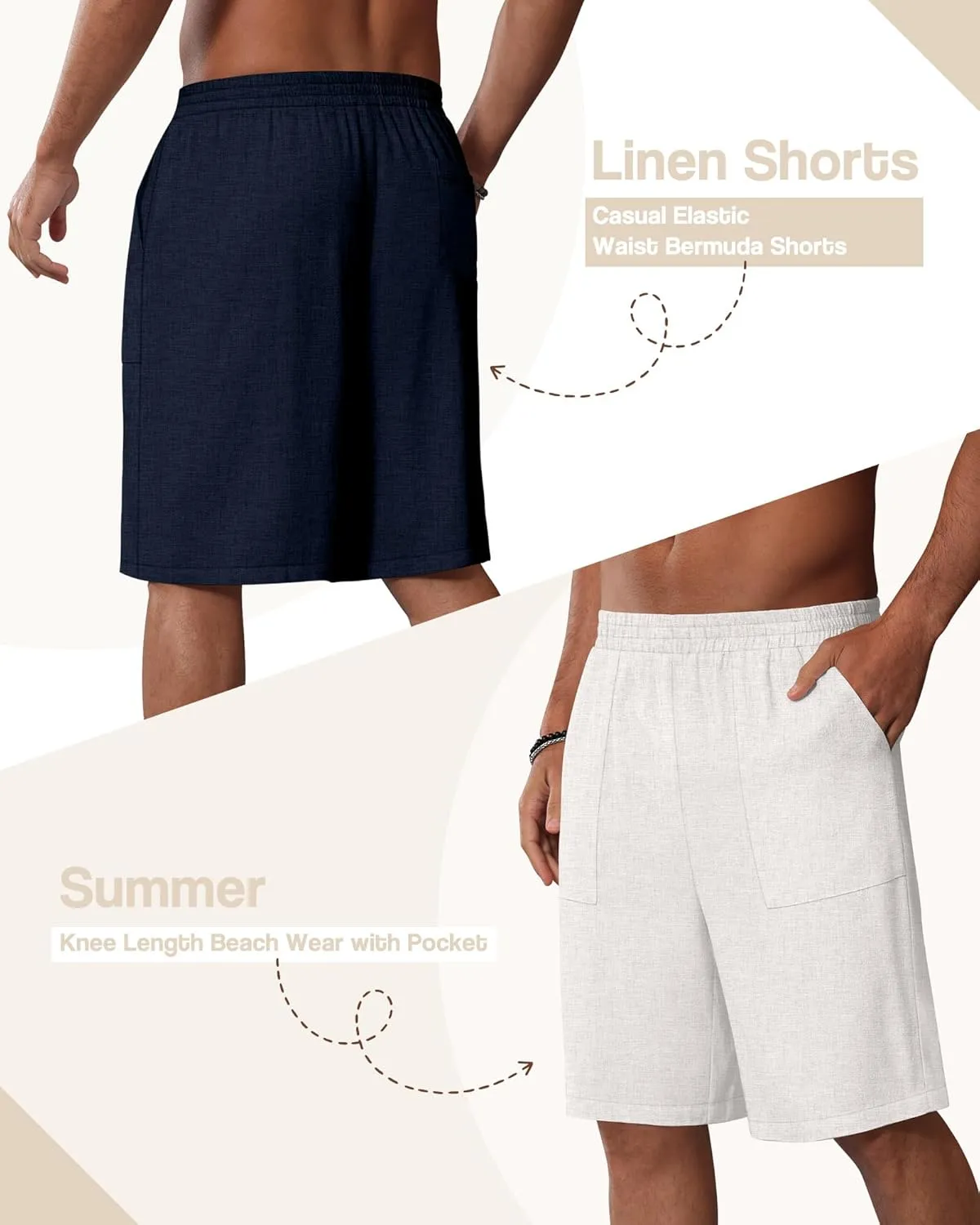 3 Pack Men's Linen Bermuda Shorts Casual Elastic Waist Shorts Summer Knee Length Beach Wear with Pocket
