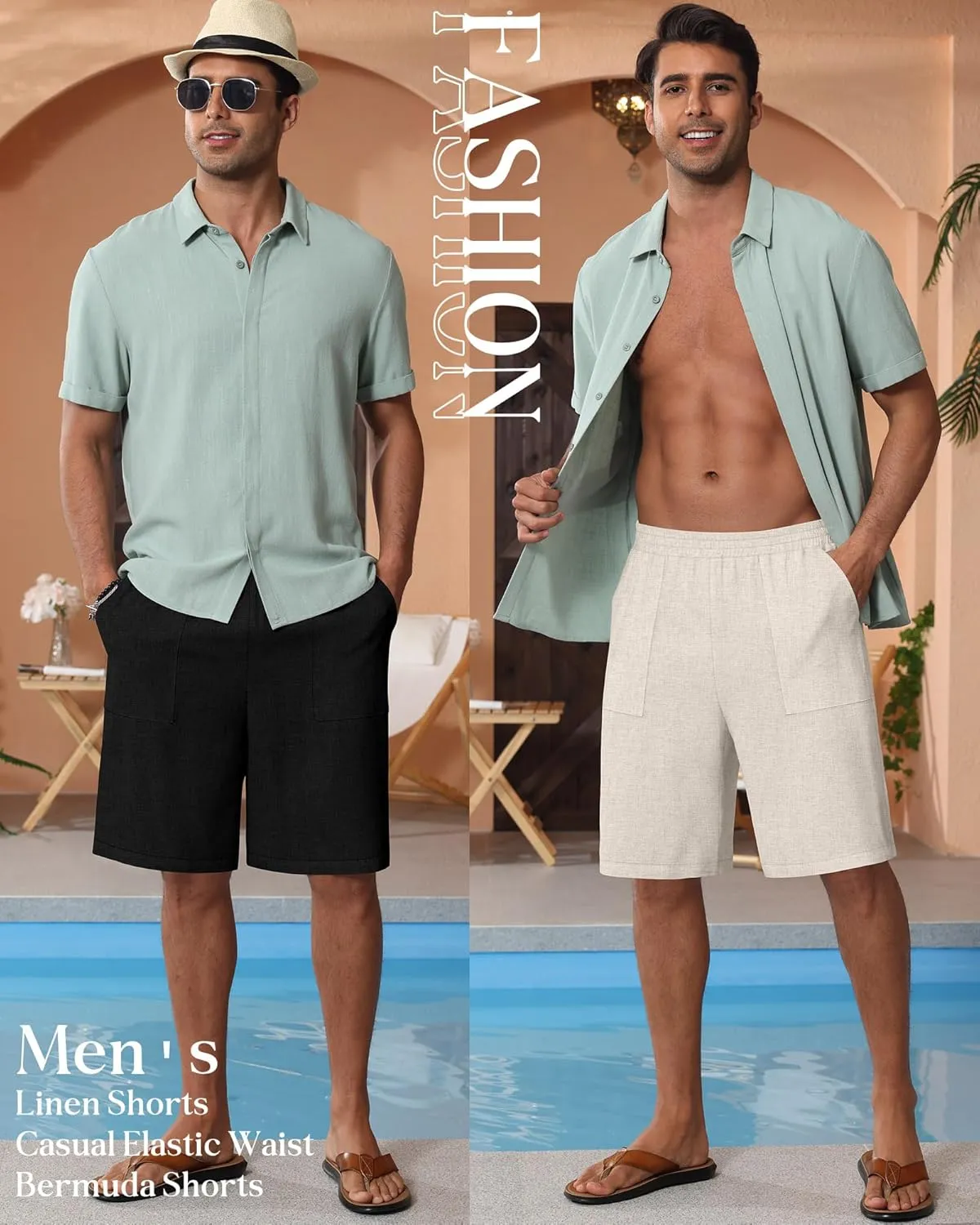 3 Pack Men's Linen Bermuda Shorts Casual Elastic Waist Shorts Summer Knee Length Beach Wear with Pocket