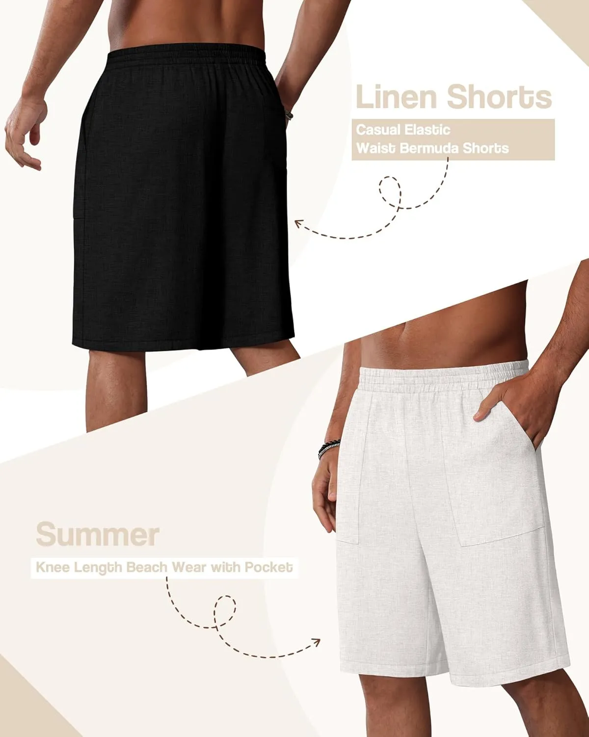 3 Pack Men's Linen Bermuda Shorts Casual Elastic Waist Shorts Summer Knee Length Beach Wear with Pocket