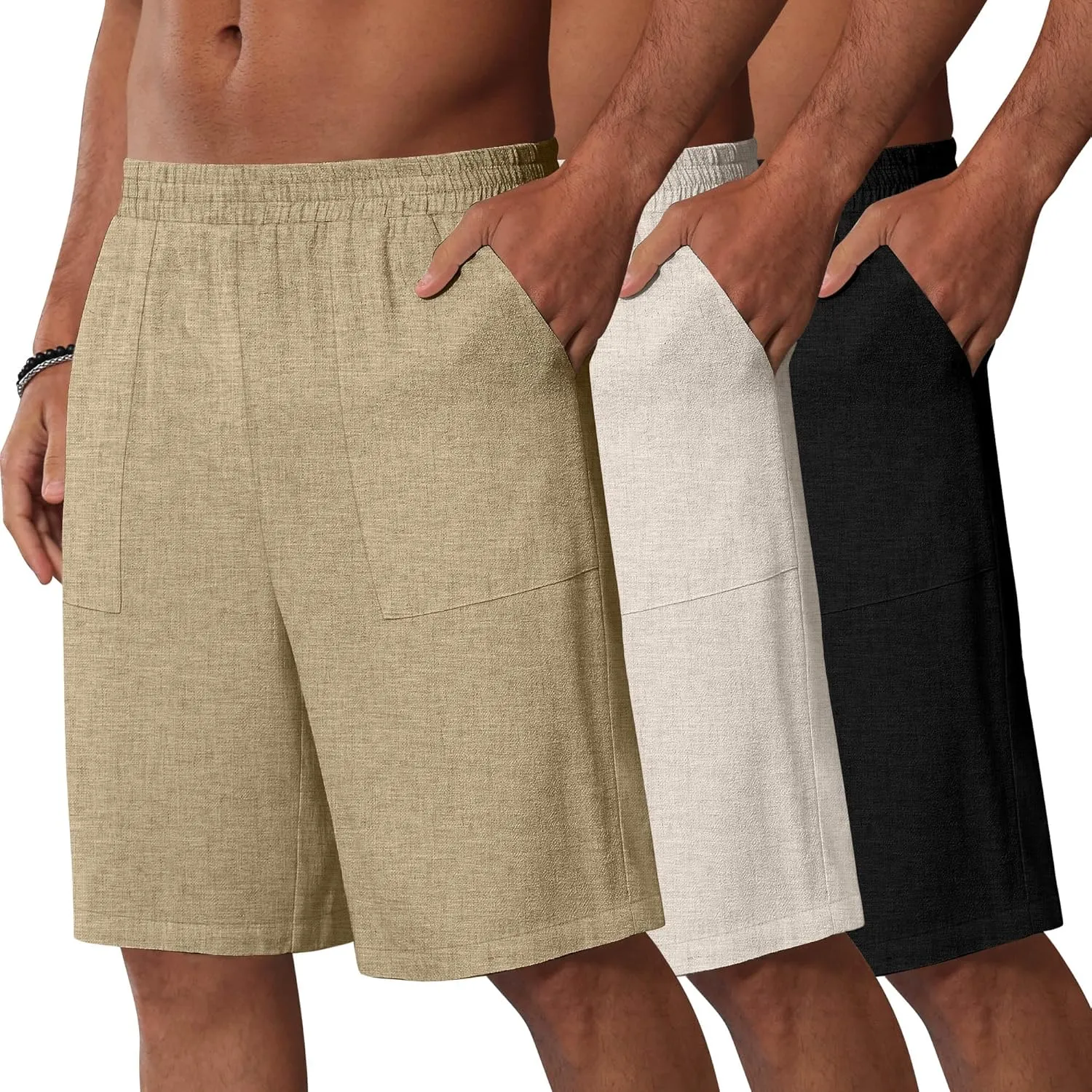 3 Pack Men's Linen Bermuda Shorts Casual Elastic Waist Shorts Summer Knee Length Beach Wear with Pocket