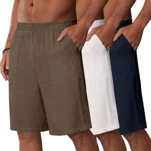3 Pack Men's Linen Bermuda Shorts Casual Elastic Waist Shorts Summer Knee Length Beach Wear with Pocket