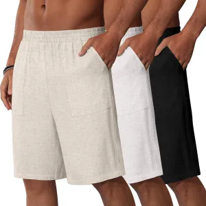 3 Pack Men's Linen Bermuda Shorts Casual Elastic Waist Shorts Summer Knee Length Beach Wear with Pocket