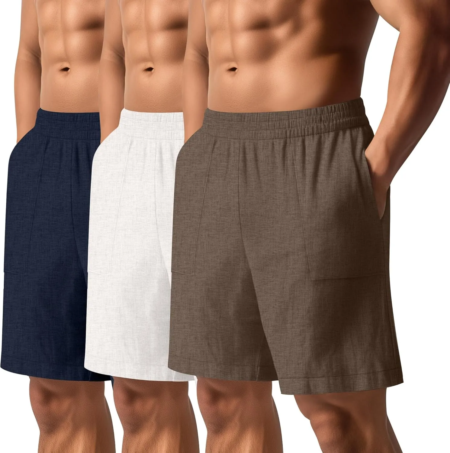 3 Pack Men's Linen Bermuda Shorts Casual Elastic Waist Shorts Summer Knee Length Beach Wear with Pocket