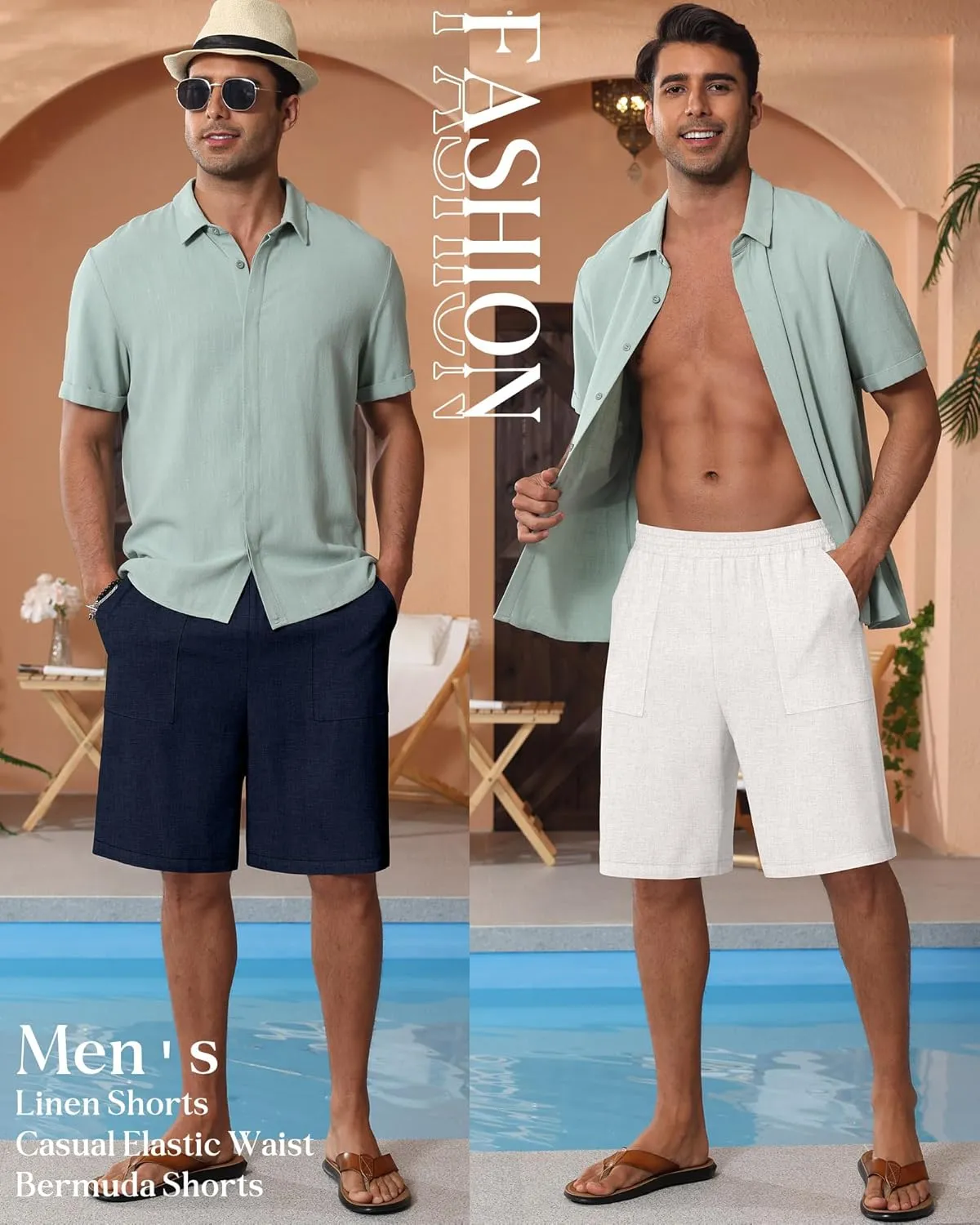 3 Pack Men's Linen Bermuda Shorts Casual Elastic Waist Shorts Summer Knee Length Beach Wear with Pocket