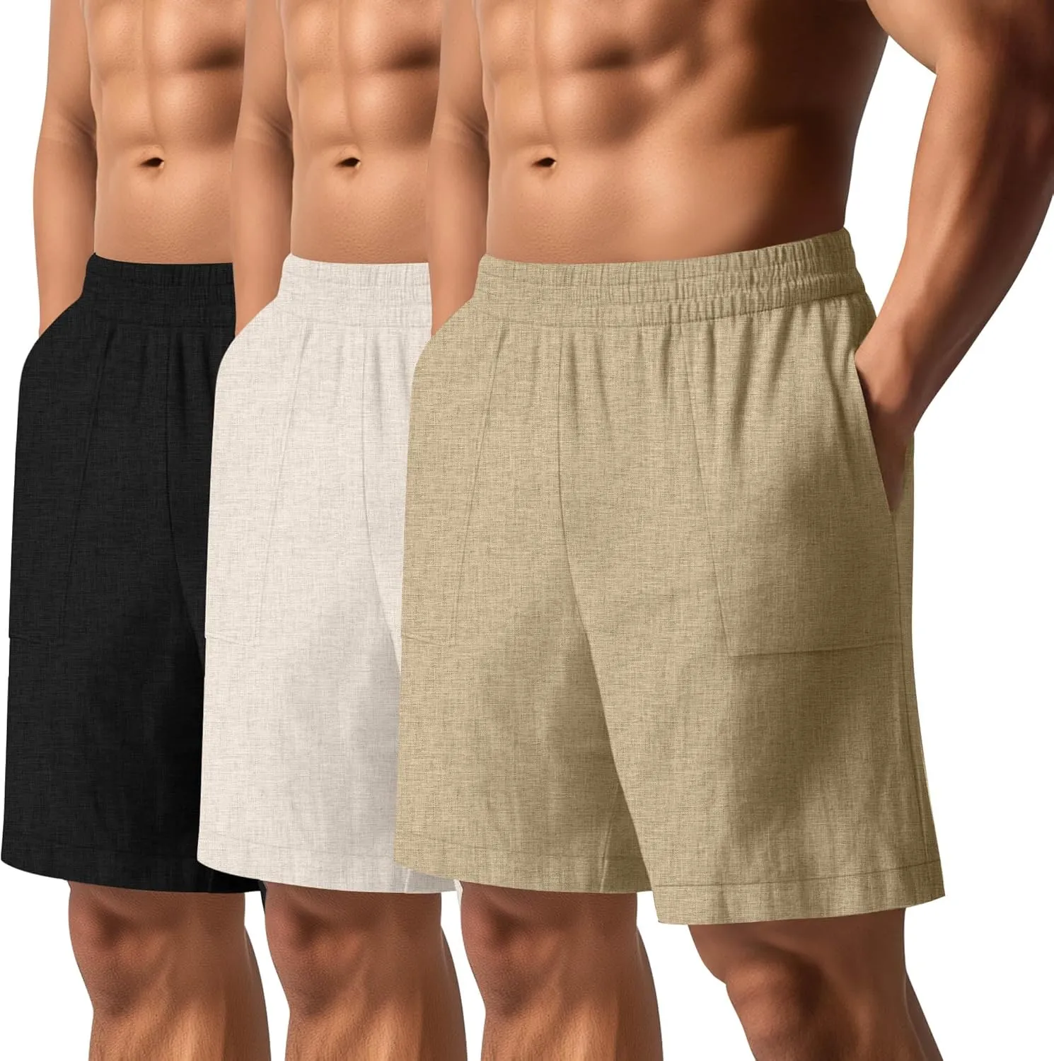 3 Pack Men's Linen Bermuda Shorts Casual Elastic Waist Shorts Summer Knee Length Beach Wear with Pocket