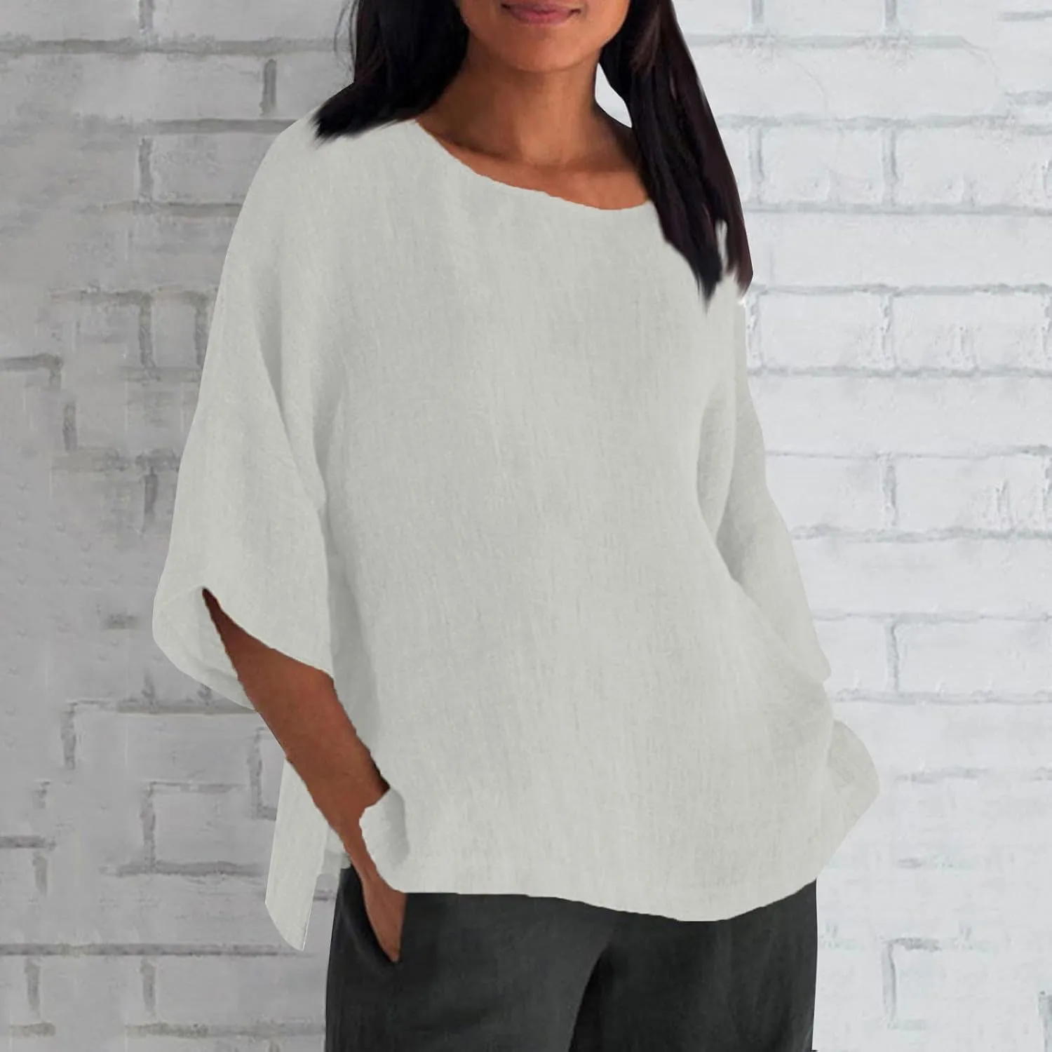 3/4 Length Sleeve Womens Tops 2025 Spring Crewneck Going Out Blouse Cotton Linen Casual Three Quarter Sleeve Shirts