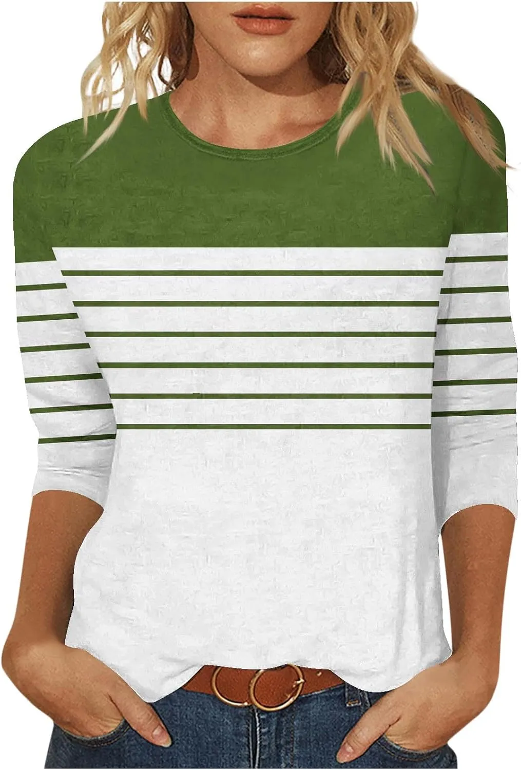 3/4 Length Sleeve Womens Tops Summer Three Quarter Striped Shirts Plus Size Trendy Casual Loose Fit Soft Blouse Tees
