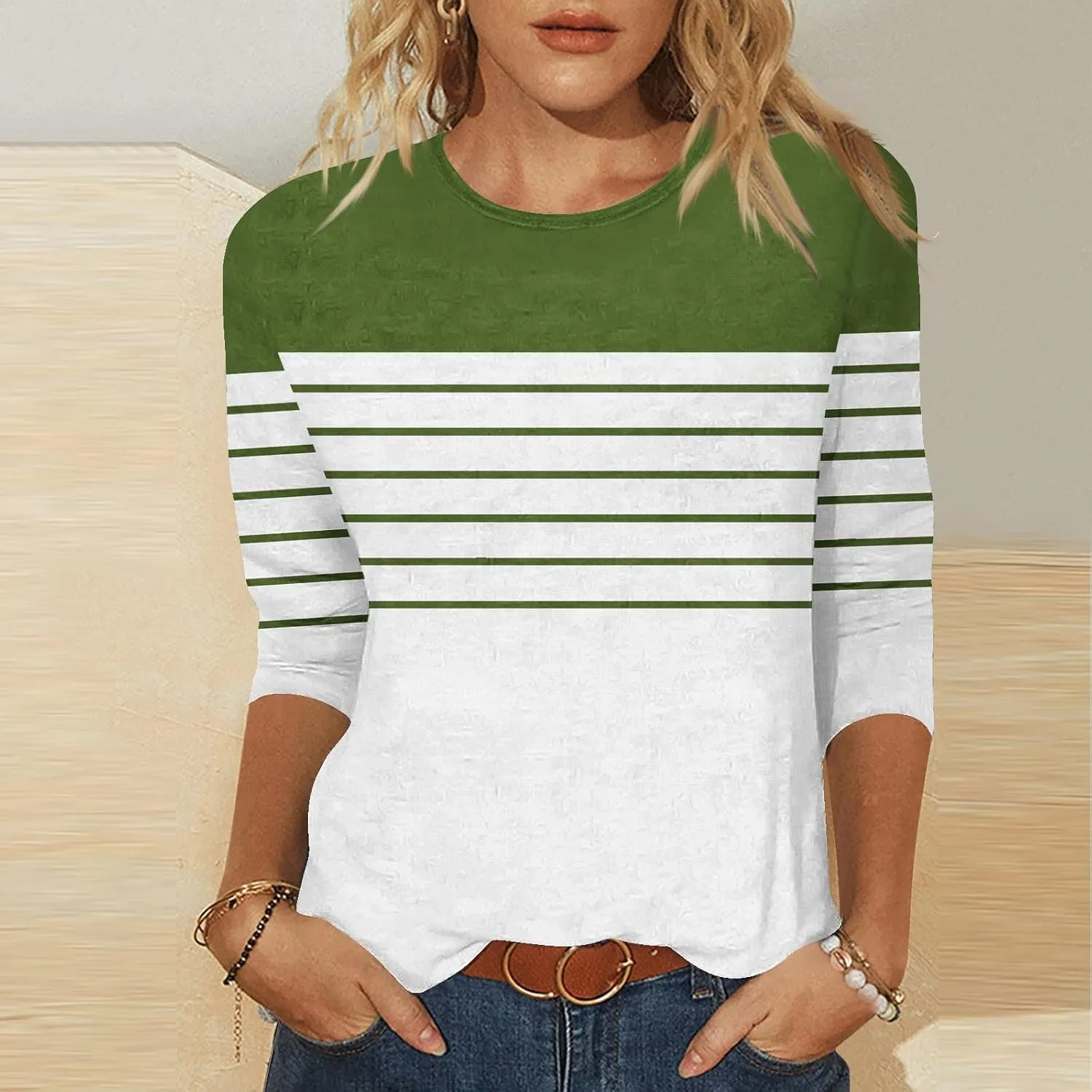 3/4 Length Sleeve Womens Tops Summer Three Quarter Striped Shirts Plus Size Trendy Casual Loose Fit Soft Blouse Tees