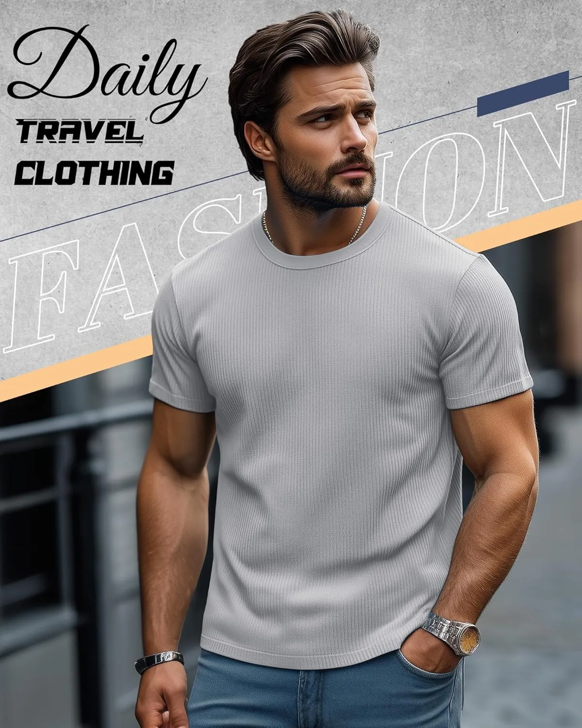 4 Pack Men's Big and Tall T Shirts Short Sleeve Crewneck Ribbed Knit Tops Basic Slim Fit Muscle Tee Shirts