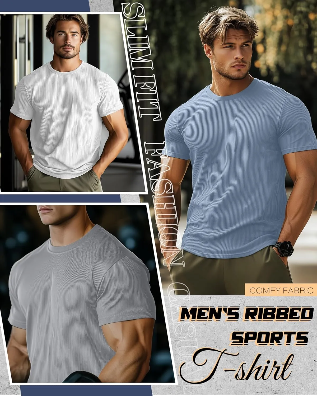 4 Pack Men's Big and Tall T Shirts Short Sleeve Crewneck Ribbed Knit Tops Basic Slim Fit Muscle Tee Shirts
