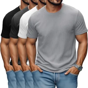 4 Pack Men's Big and Tall T Shirts Short Sleeve Crewneck Ribbed Knit Tops Basic Slim Fit Muscle Tee Shirts