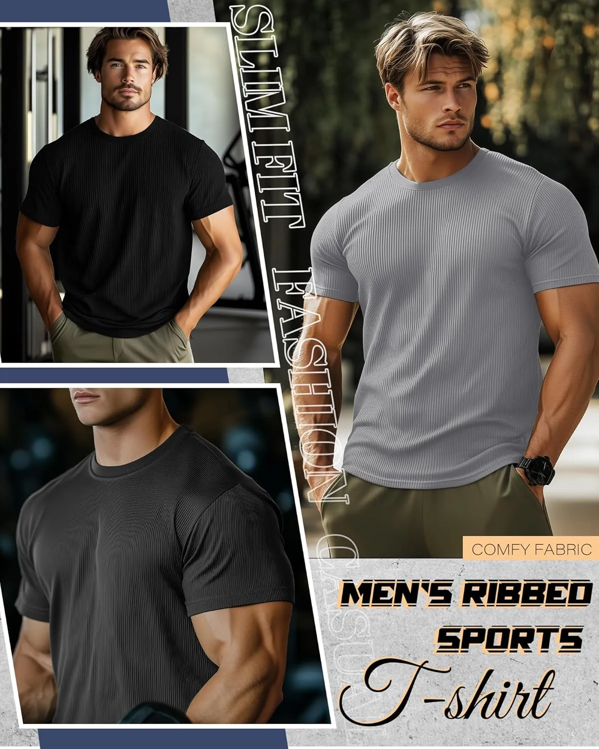 4 Pack Men's Big and Tall T Shirts Short Sleeve Crewneck Ribbed Knit Tops Basic Slim Fit Muscle Tee Shirts