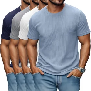 4 Pack Men's Big and Tall T Shirts Short Sleeve Crewneck Ribbed Knit Tops Basic Slim Fit Muscle Tee Shirts