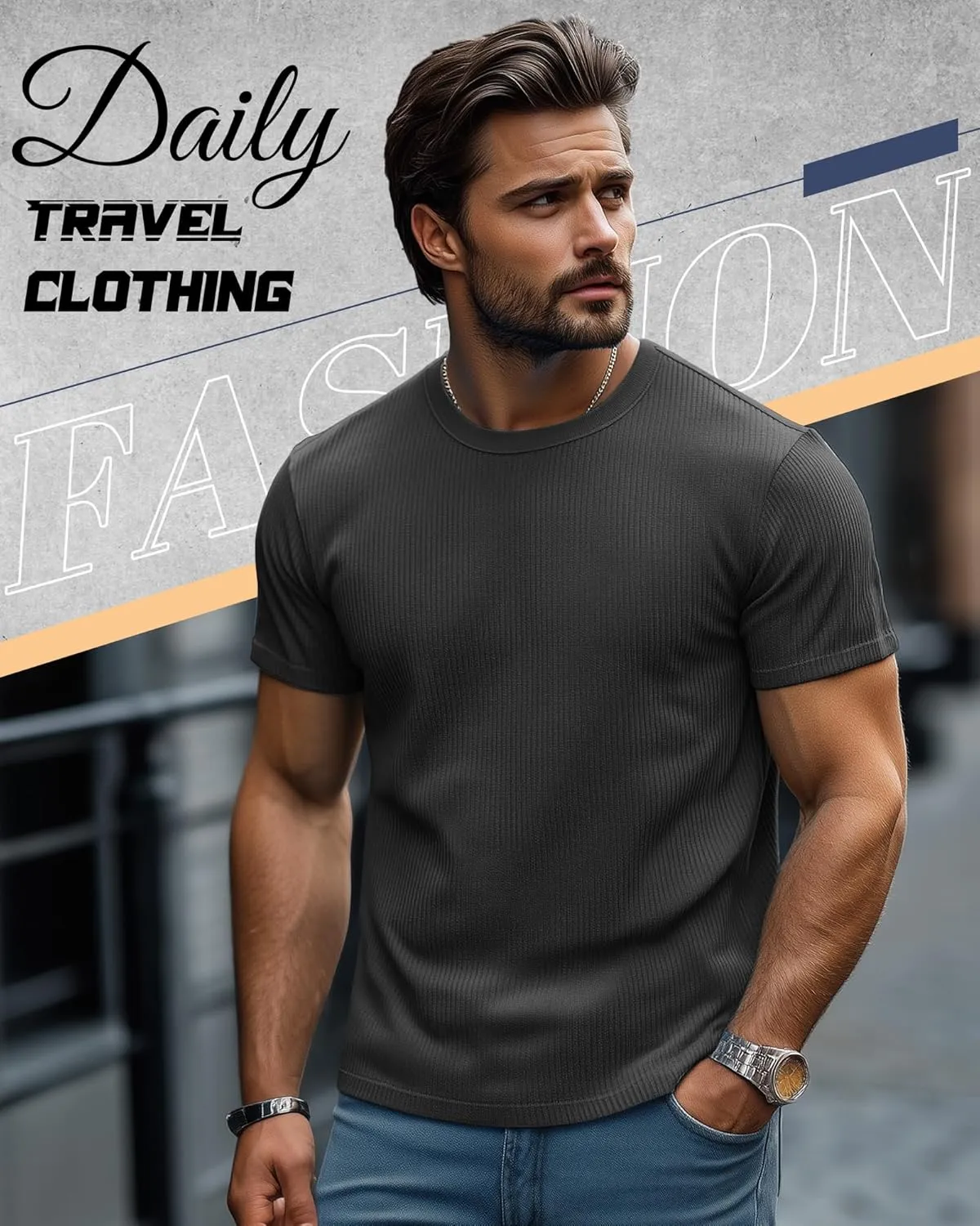 4 Pack Men's Big and Tall T Shirts Short Sleeve Crewneck Ribbed Knit Tops Basic Slim Fit Muscle Tee Shirts