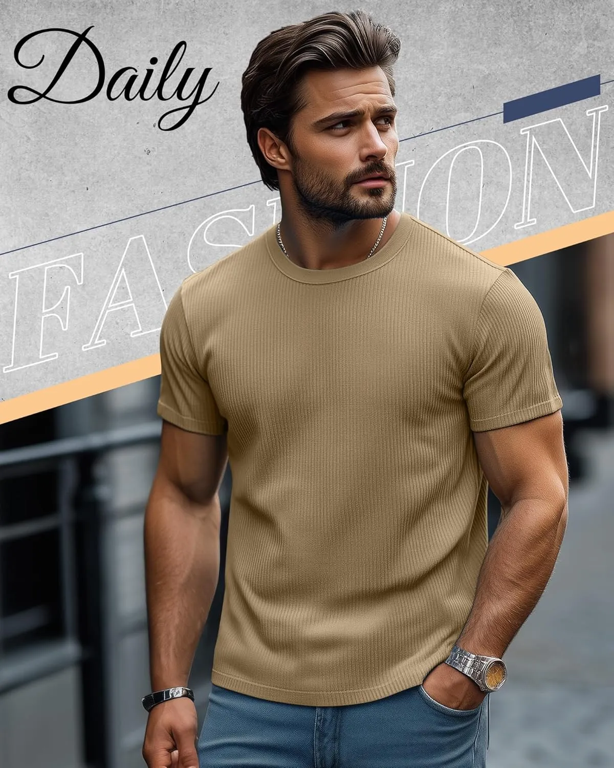 4 Pack Men's Big and Tall T Shirts Short Sleeve Crewneck Ribbed Knit Tops Basic Slim Fit Muscle Tee Shirts
