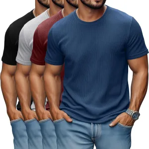 4 Pack Men's Big and Tall T Shirts Short Sleeve Crewneck Ribbed Knit Tops Basic Slim Fit Muscle Tee Shirts