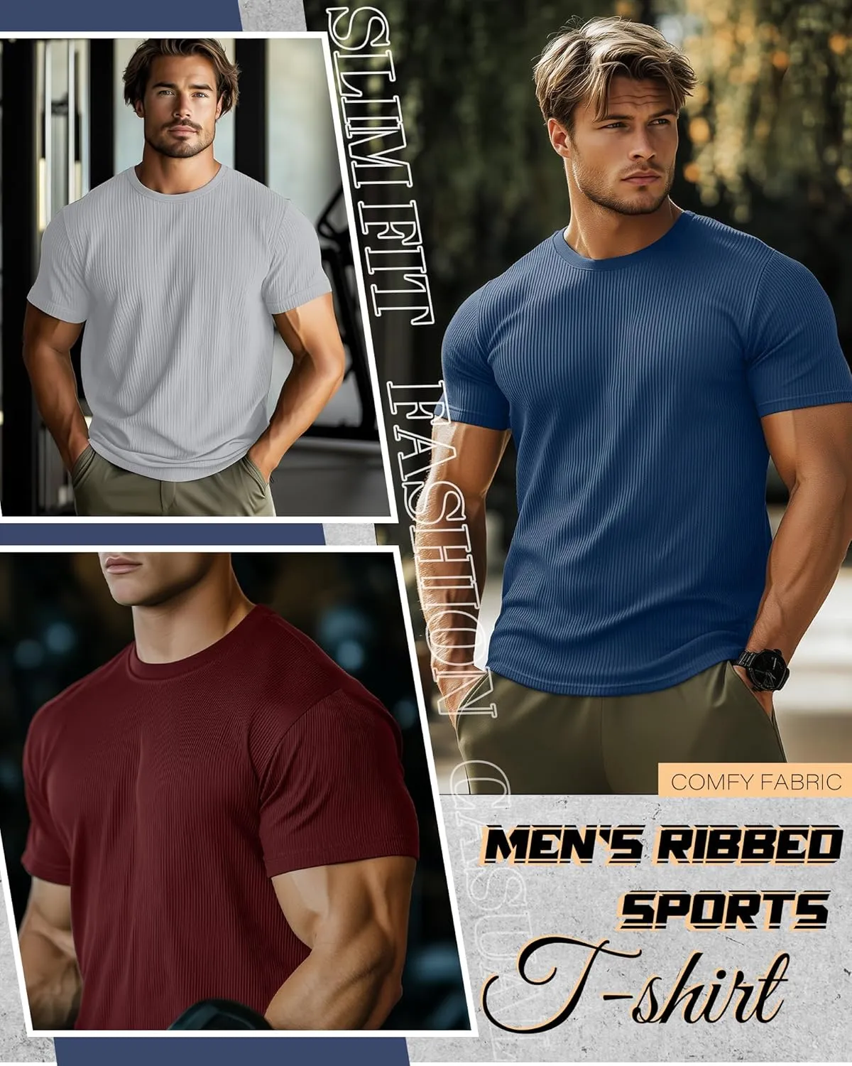 4 Pack Men's Big and Tall T Shirts Short Sleeve Crewneck Ribbed Knit Tops Basic Slim Fit Muscle Tee Shirts