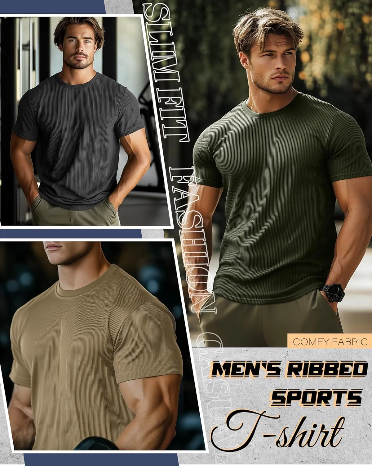 4 Pack Men's Big and Tall T Shirts Short Sleeve Crewneck Ribbed Knit Tops Basic Slim Fit Muscle Tee Shirts
