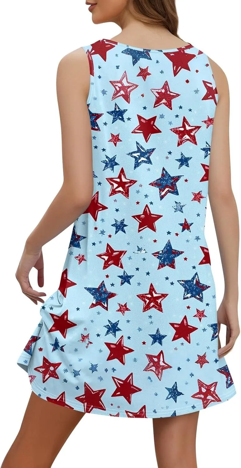 4th of July Dress Women's Casual T Shirt Dresses Summer Sleeveless V Neck Patriotic Sundress with Pockets