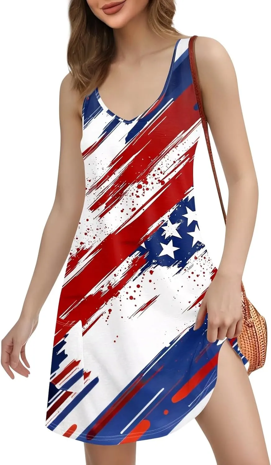 4th of July Dress Women's Casual T Shirt Dresses Summer Sleeveless V Neck Patriotic Sundress with Pockets