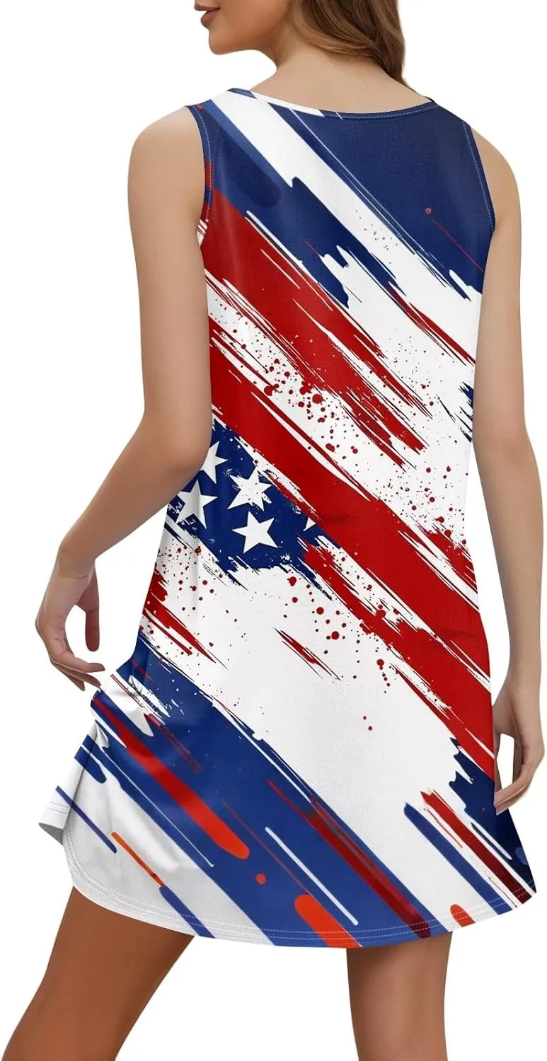 4th of July Dress Women's Casual T Shirt Dresses Summer Sleeveless V Neck Patriotic Sundress with Pockets