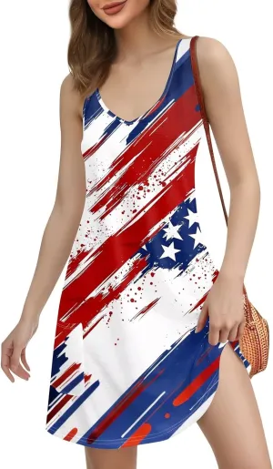 4th of July Dress Women's Casual T Shirt Dresses Summer Sleeveless V Neck Patriotic Sundress with Pockets