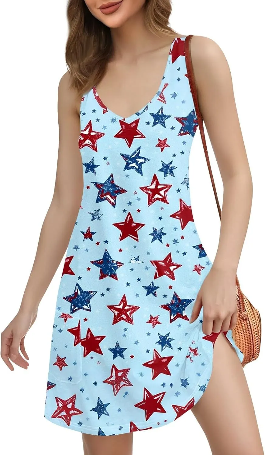 4th of July Dress Women's Casual T Shirt Dresses Summer Sleeveless V Neck Patriotic Sundress with Pockets