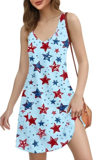 4th of July Dress Women's Casual T Shirt Dresses Summer Sleeveless V Neck Patriotic Sundress with Pockets