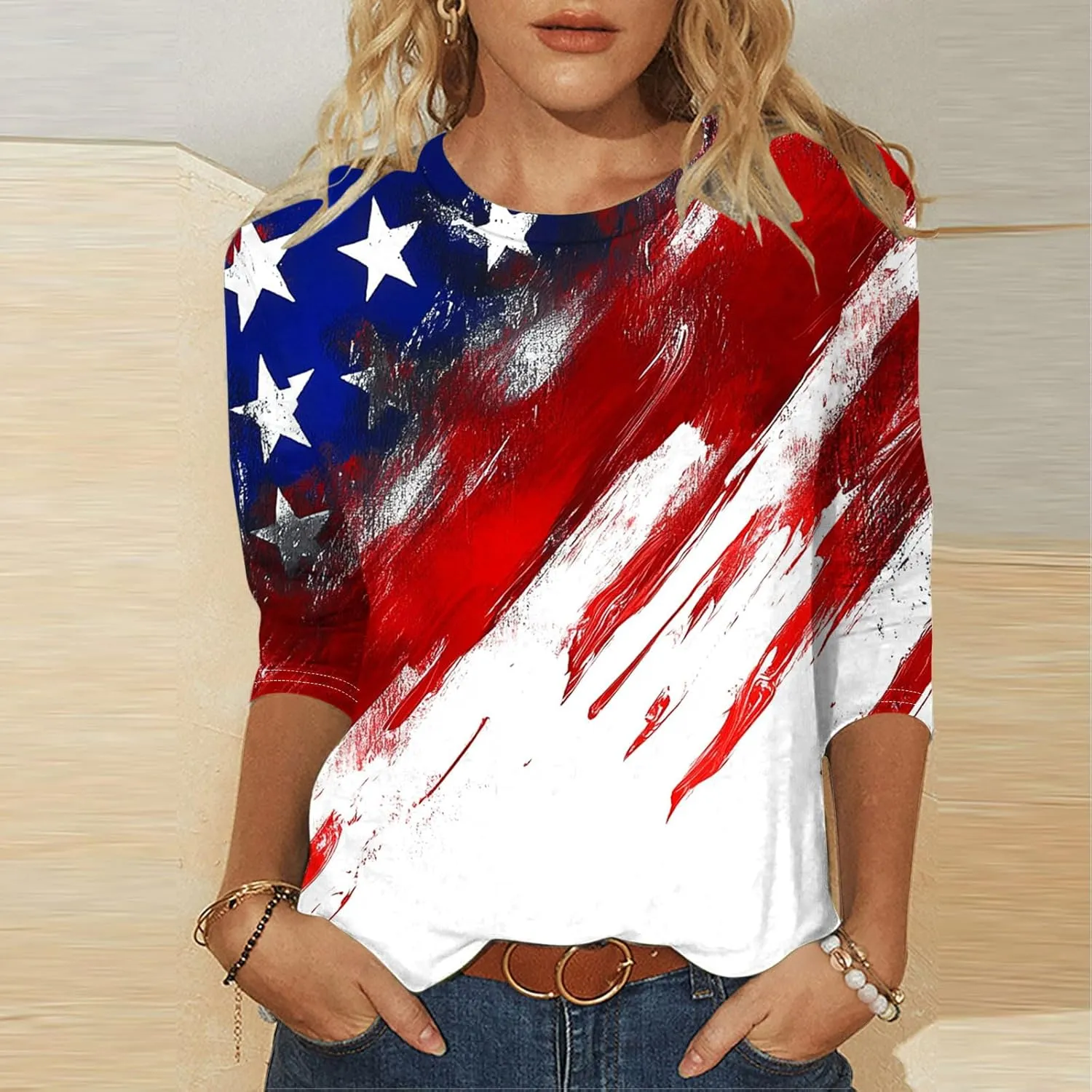 4th of July Shirts Women American Flag 3/4 Sleeve Shirt Independence Day Tops Casual Summer T Shirt Patriotic Tees