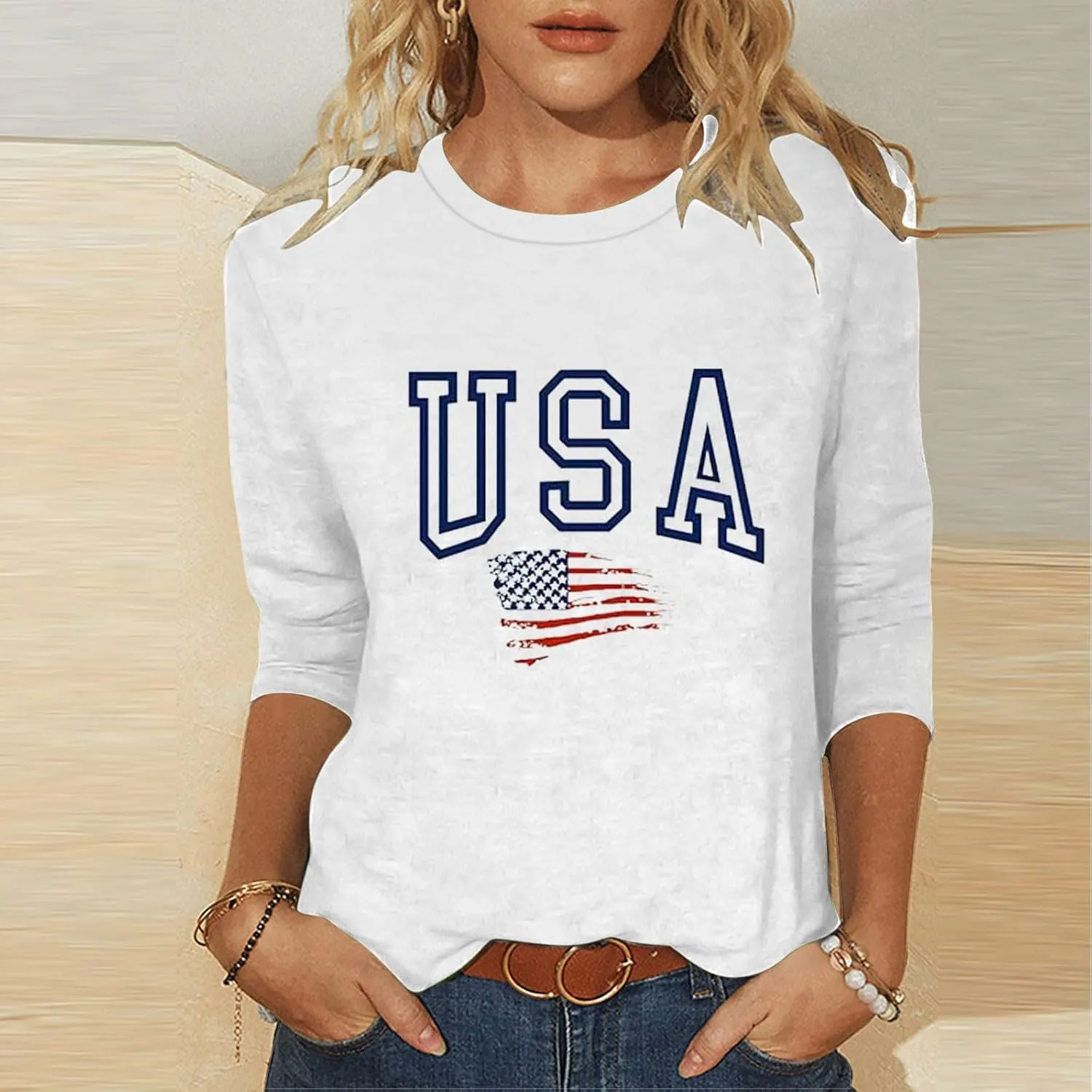 4th of July Shirts Women American Flag 3/4 Sleeve Shirt Independence Day Tops Casual Summer T Shirt Patriotic Tees