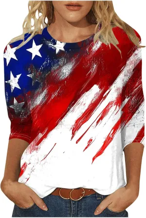 4th of July Shirts Women American Flag 3/4 Sleeve Shirt Independence Day Tops Casual Summer T Shirt Patriotic Tees