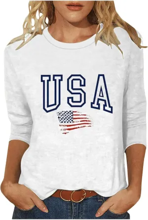 4th of July Shirts Women American Flag 3/4 Sleeve Shirt Independence Day Tops Casual Summer T Shirt Patriotic Tees