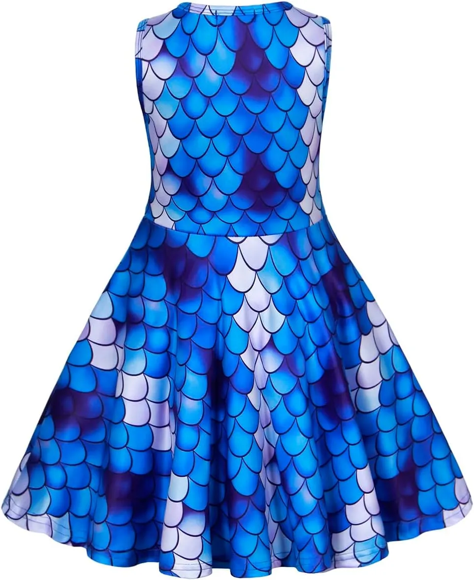 AmzBarley Girls Printed Dress Sleeveless Summer Dresses for Girls Casual Midi Tiered Swing Dress Kids Skater Dress 1-10Years
