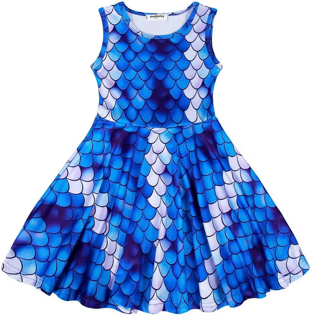 AmzBarley Girls Printed Dress Sleeveless Summer Dresses for Girls Casual Midi Tiered Swing Dress Kids Skater Dress 1-10Years