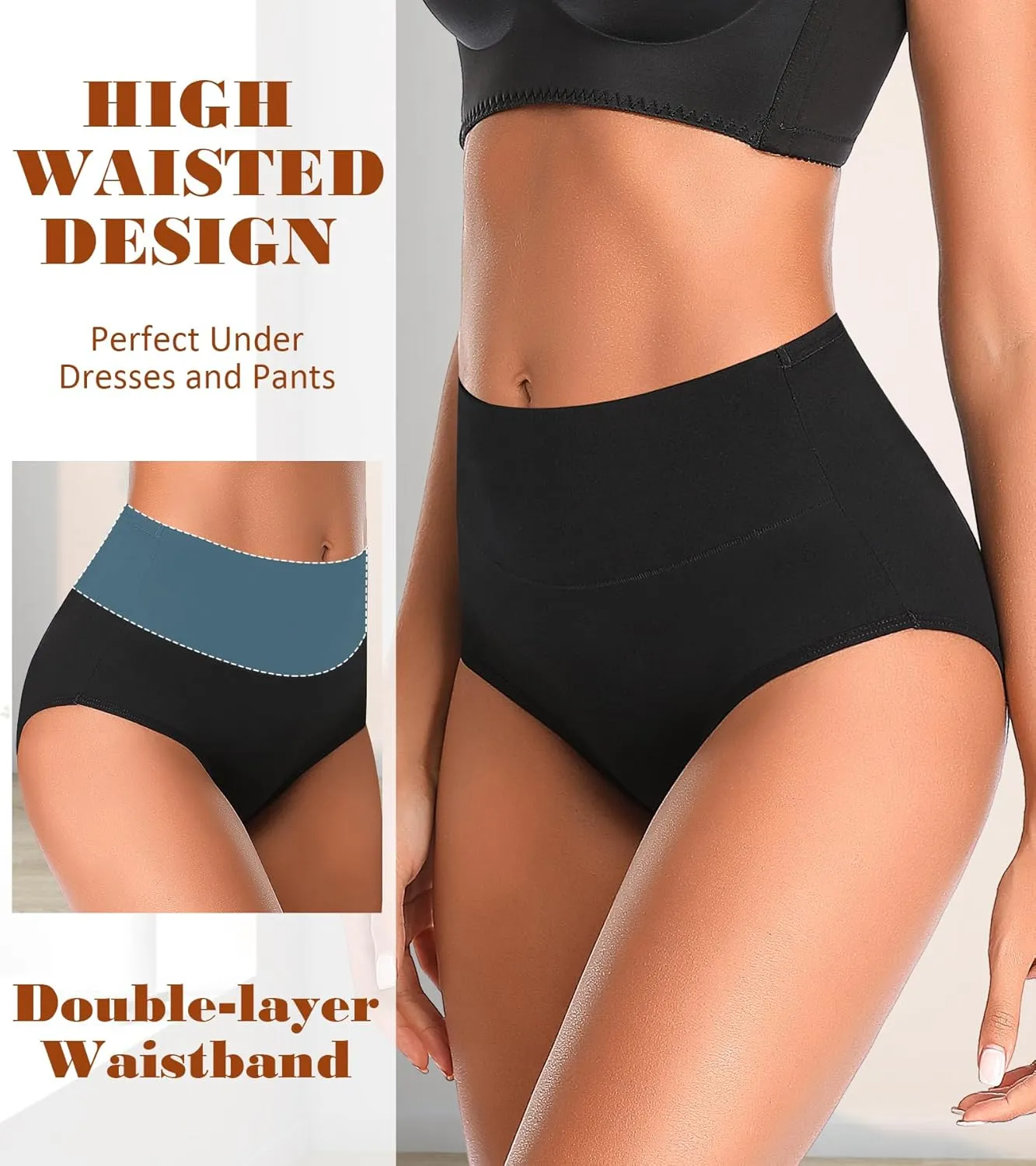 ASIMOON Womens Cotton Underwear High Waisted Slight Tummy Control Panties Soft Breathable Full Coverage Briefs Multipack