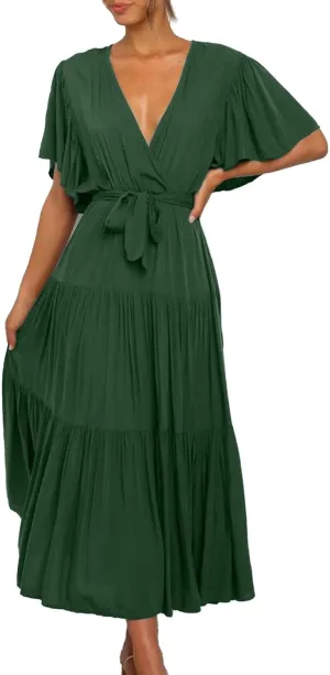 Beach Dresses for Women Summer Pleated Dress Short Sleeve V Neck Midi Dresses High Waist Party Dress Spring with Belt