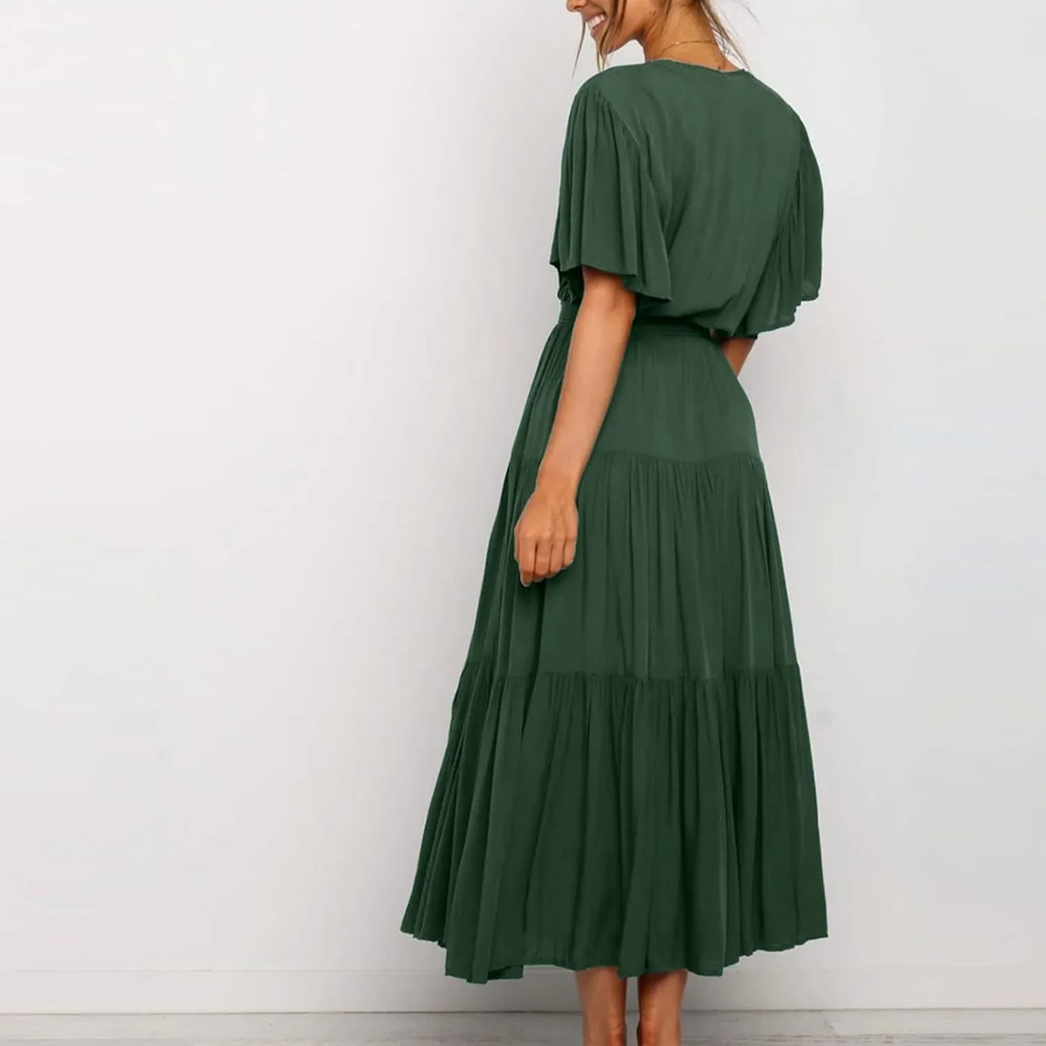 Beach Dresses for Women Summer Pleated Dress Short Sleeve V Neck Midi Dresses High Waist Party Dress Spring with Belt