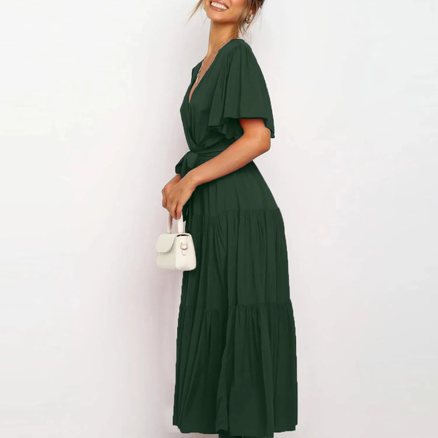 Beach Dresses for Women Summer Pleated Dress Short Sleeve V Neck Midi Dresses High Waist Party Dress Spring with Belt