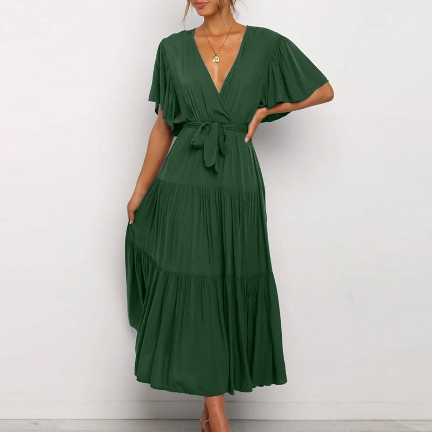 Beach Dresses for Women Summer Pleated Dress Short Sleeve V Neck Midi Dresses High Waist Party Dress Spring with Belt
